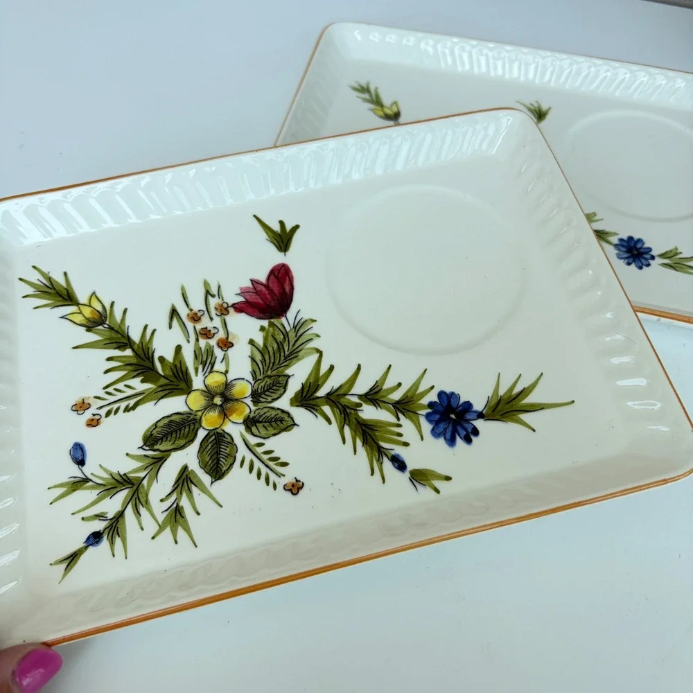 Vintage Floral Ceramic Snack Trays Set of 2 Hand Painted Wildflower Tea Plates